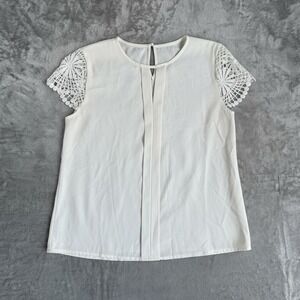 White Lace Cap Sleeve Bluse Womens Romantic Cottagecore Boho Chic Top M